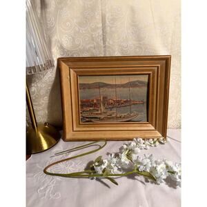 Vintage Nautical Harbor Print in Tiered Wood Frame, Coastal Decor